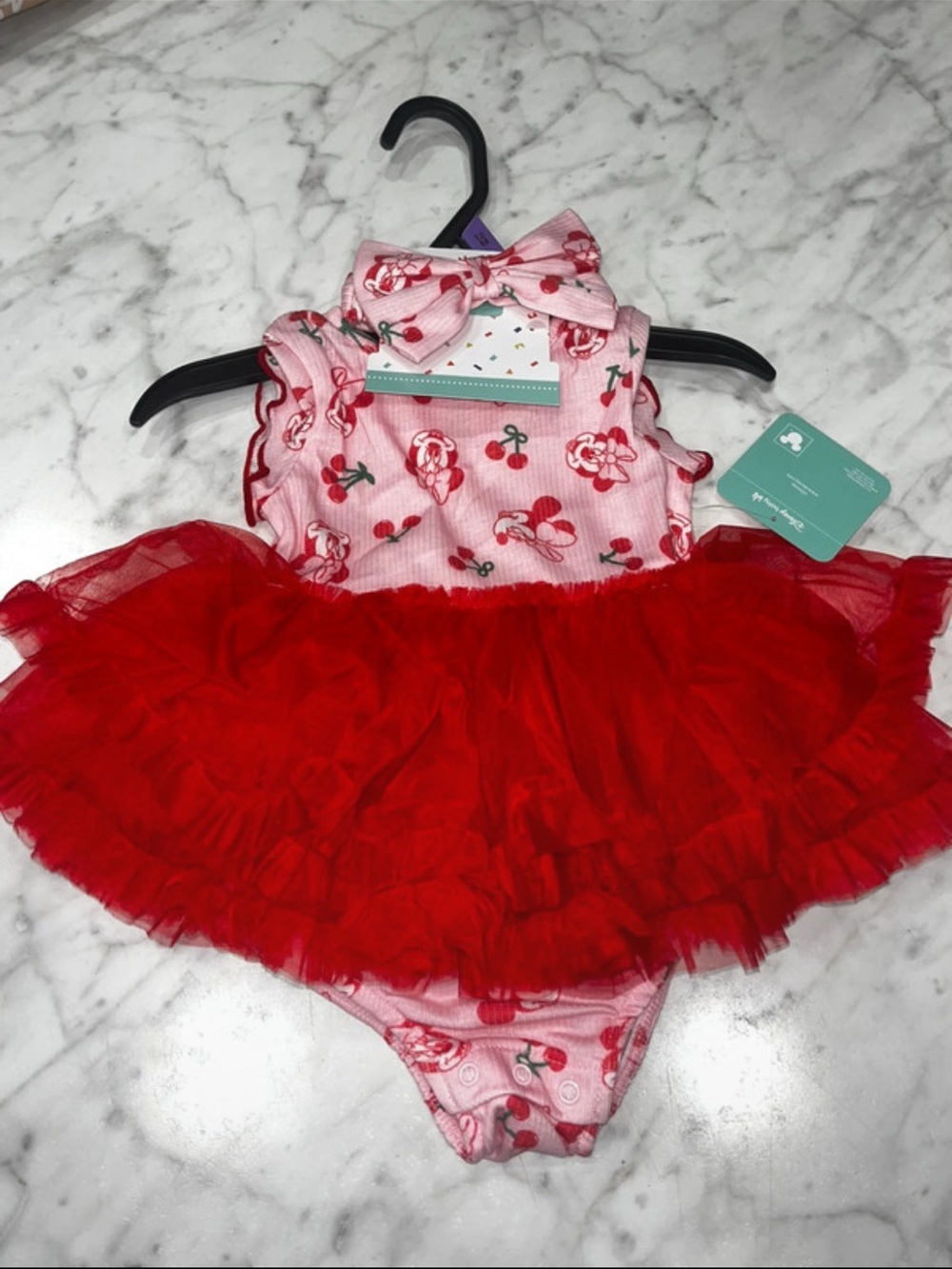 Disney Pink Cherry Print One-Piece with Red Tulle Tutu